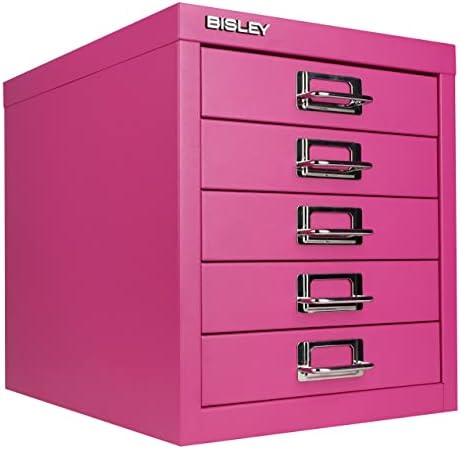 5-Drawer Steel MultiDrawer Cabinet - Orange, by Bisley | Chrome Pull Handles with Label Holders, Powder-Coated Steel, Removable Drawers, Desktop Storage, Labels Included