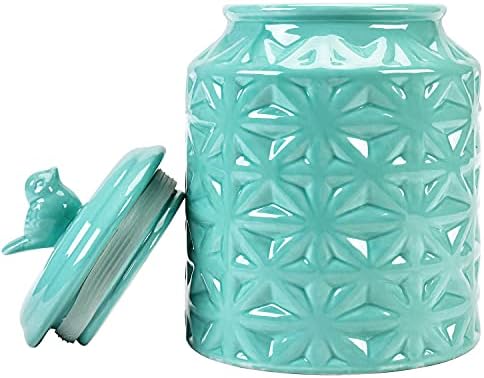 MyGift Vintage Turquoise Ceramic Kitchen Jar with Lid, Cookie Jar Storage Containers Airtight with Embossed Star and Bird Design