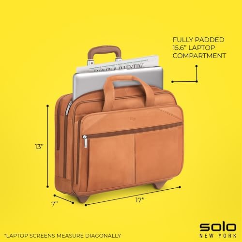 Solo New York Leather Rolling Case with Wheels - Roller Laptop Bag, Wheeled Briefcase for Women & Men, Carry On Size for Travel