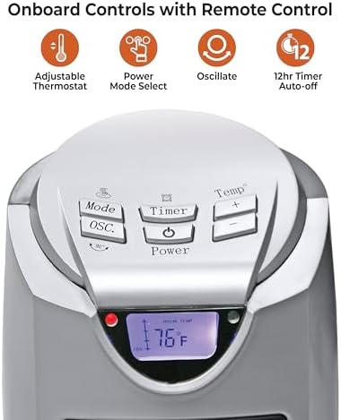 Comfort Zone Electric Oscillating Ceramic Tower Space Heater, Remote, Backlit Digital Thermostat & Temperature Display, Timer, & Overheat Sensor