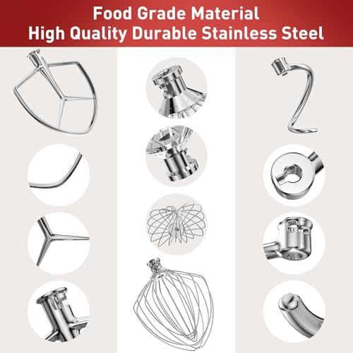 Stainless Steel Stand Mixer Attachments 3-Piece (4.5-5QT Flat Beater, 4.5-5QT Dough Hook, K45WW 6-Wire Whip Attachment) for KitchenAid Tilt-Head Stand Mixer and 4.5-5 Quart Bowl, Dishwasher Safe