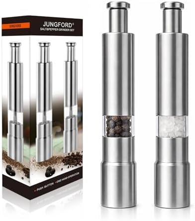 [2 Pieces] Premium Stainless Steel Salt Grinder and Pepper Mill Set for Pepper Sea Salt Himalayan Salt and Spices with Thumb Button for One Hand