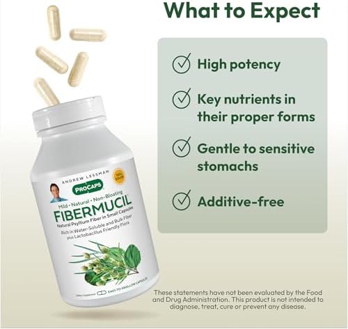 Andrew Lessman ProCaps Fibermucil Psyllium Husk Fiber 180 Capsules | Psyllium Husk Powder with Soluble & Insoluble Fiber plus Lactobacillus Sporogenes. No additives. Easy-to-swallow capsules.