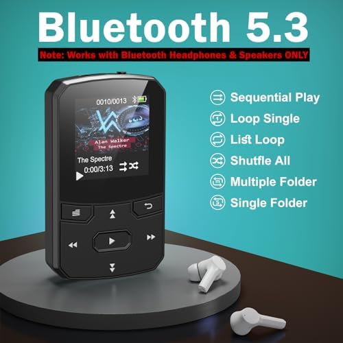 RUIZU 64GB Clip MP3 Player with Bluetooth 5.3, Lightweight 1 oz | Portable Music Player for Sports Running, Physical Buttons, FM Radio, Voice Recorder, Sleep Timer, Up to 128GB microSD Card
