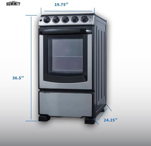 Summit 20” Electric Range, Stainless Steel and Black- REX2071SSRT | 2.3 cu.ft. Capacity Oven, Smooth Glass CookTop, 4 Burner Range, 220VOLT