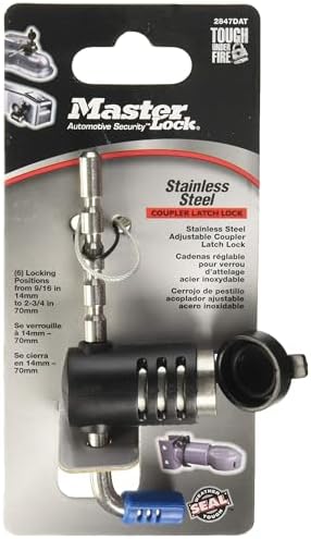 Master Lock Adjustable Coupler Lock Stainless Steel Trailer Hitch 2847DAT | Keyed trailer hitch helps secure RVs, trailers & towing gear