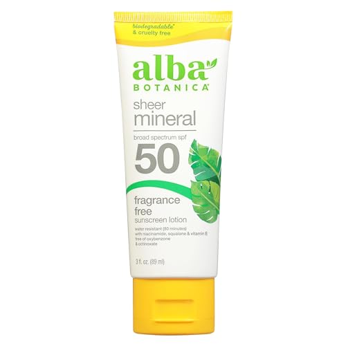 Alba Botanica Mineral Sunscreen Lotion SPF 50, Broad Spectrum, Fragrance Free, 3 Fl Oz (Packaging May Vary)