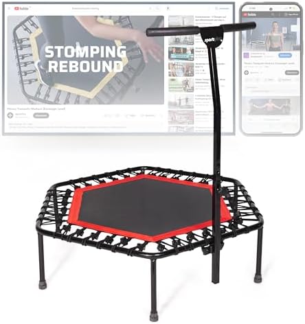 SportPlus+ Indoor Trampoline, Blue/Green/Red, Rebounder Home Fitness Trampoline with Height Adjustable Bar