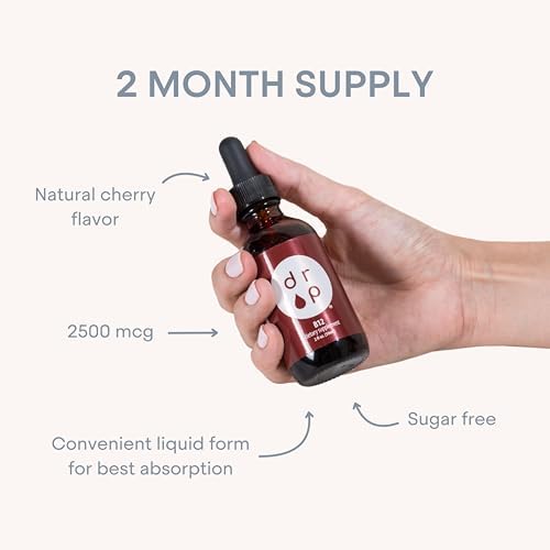 Drop Vitamin B12 Liquid Drops, 2500 mcg Methylated B12 (Methylcobalamin), Sublingual Drops for Energy and Nervous System Support, Natural Cherry