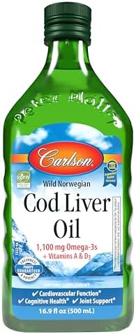 Carlson Cod Liver Oil, 1100 mg, Omega-3s, Lemon, 500 mL (16.9 Fl Oz) | plus Vitamins A and D3; Wild Caught Norwegian Arctic Cod Liver Oil; Sustainably Sourced Nordic Fish Oil Liquid