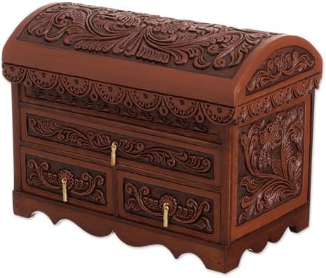 NOVICA Artisan Handmade Leather Cedar Wood Jewelry Chest Bird Pattern from Peru Brown Boxes Colonial Floral Animal Themed [8.25in H x 11.5in W x 6in