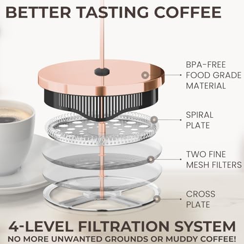 Cafe Du Chateau French Press Coffee Maker, 34 oz Glass, Stainless Steel | Easy Brew, Durable Clear Glass, 4-level Filtration, 34 oz Capacity, Coffee Press for Camping, Tea Brewer, BPA-Free Materials