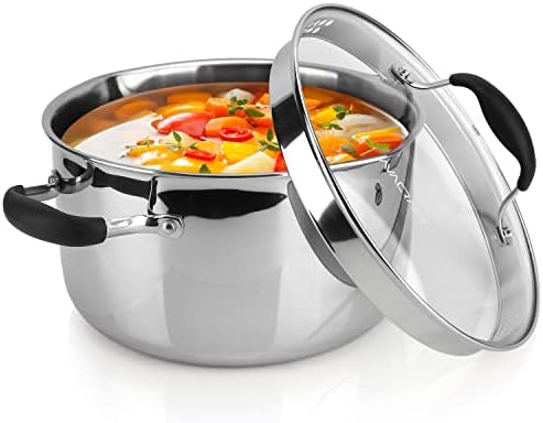 AVACRAFT 6 Quart Stainless Steel Stock Pot with Glass Strainer Lid | 5-Layer Capsule Base, Tempered Glass Strainer Lid, Drip-Free Pour Spouts, Induction Compatible, Dishwasher Safe