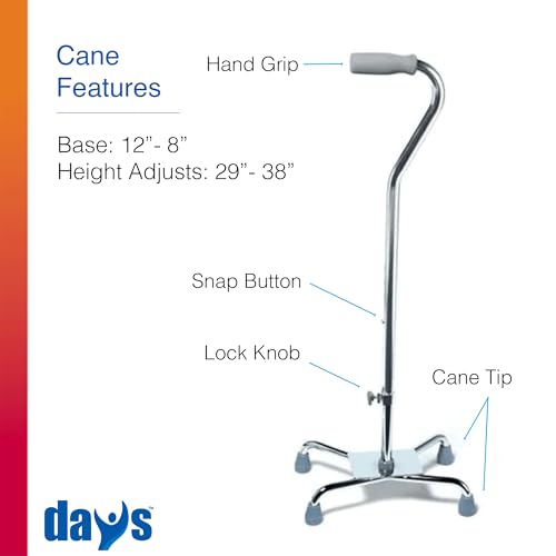 Days Quad Cane with Wide Base – Adjustable Walking Cane for Men & Women, Aluminum 4-Prong Walking Stick for Seniors with Slip-Resistant Rubber Tips, Lightweight & Self-Standing Mobility Aid