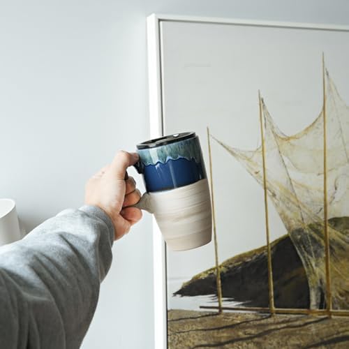 Bosmarlin Ceramic Travel Coffeel Mug with Handle and Lid, 18 oz, Portable Coffee Cup for Car Cup Holder, Microwave and Dishwasher Safe