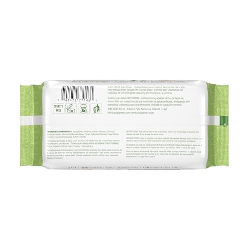 Yugi Green Baby Wipes for Babies Unscented, Made with Renewable Plant Fibers, Plant-Based, Fragrance-Free, for Sensitive Skin, 12 Packs, 72 Count