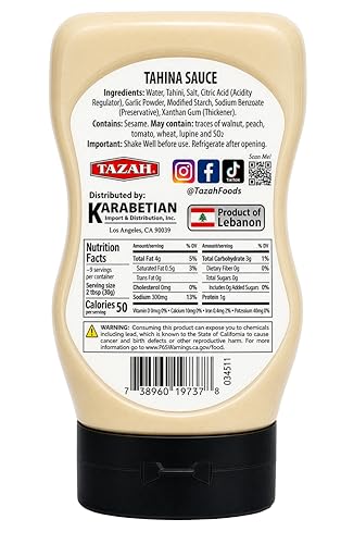 TAZAH Lebanese Tahini Sauce, 9.87 OZ Squeezable Bottle, Tarator Sesame Dressing & Dip for Shawarma, Falafel, Fish, Vegetables
