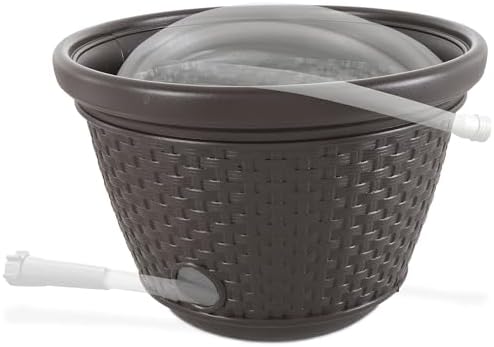 Suncast Decorative Wicker Garden Hose Holder Pot with 4 Drain Holes for 100 Foot Hoses, Java