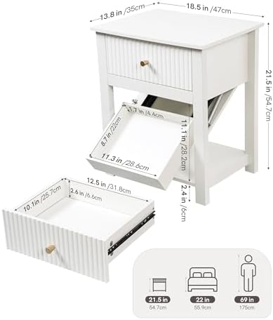 Nightstand with Gun Drawer White Bedside Table Hidden Compartment | Modern Farmhouse Side Table, Handgun Safe for Wood End Table, Open Shelf Storage