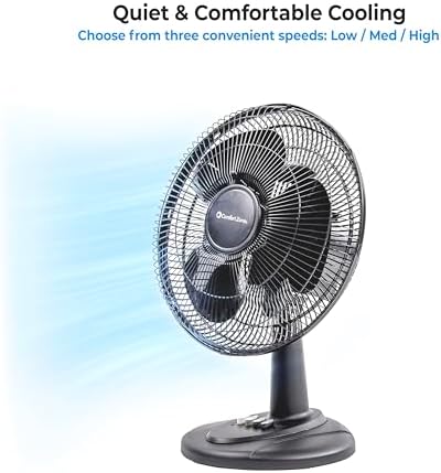 Comfort Zone Oscillating Table Fan with Adjustable Tilt, Convenient Push Button Controls, Quiet, 16 inch, 3 Speed, Desk Fan, Airflow 15.75 ft/sec, Ideal for Home, Bedroom, Dorm & Office, CZ161WT