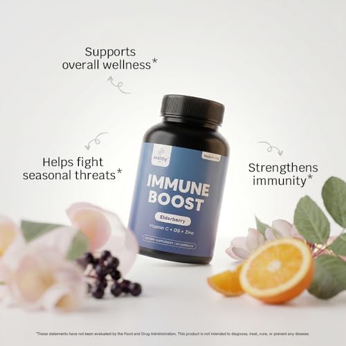 Immune Support Capsules for Adults with Elderberry, Vitamin C, Vitamin D3 & Zinc – Daily Immune Defense Supplement | Zealthy Life | 60 Capsules
