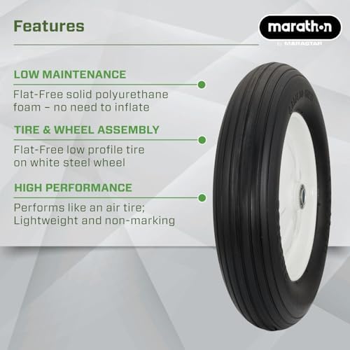 Marathon 4.80/4.00-8" Flat Free Tire on Wheel, 3" Hub, 5/8" Bearings, Ribbed Tread