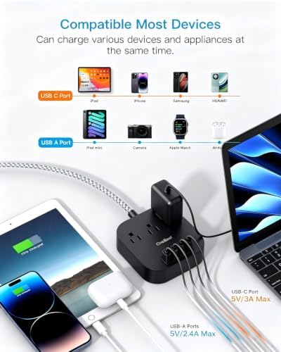 One Beat Power Strip with USB C, 3 Outlets 4 USB Ports (22.5W/4.5A), 6ft
