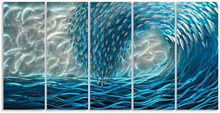 Yihui Arts Handcrafted 3D Metal Wall Art - Ocean Wave Sculpture, 5 - Panel Aluminum Decor for Living Room, Bedroom & Office