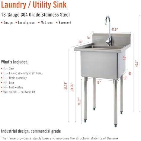 TRINITY BASICS 21.5in Freestanding Stainless Steel Utility Sink, NSF Sink For Laundry Room, Garage, Shop, Kitchen Prep, Food Truck, Dog Wash