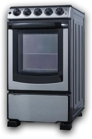 Summit 20” Electric Range, Stainless Steel and Black- REX2071SSRT | 2.3 cu.ft. Capacity Oven, Smooth Glass CookTop, 4 Burner Range, 220VOLT
