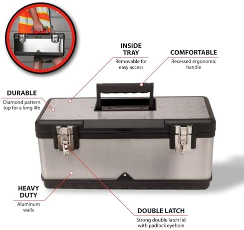 Performance Tool W54026 26 in. Steel Tool Box with Removable Tote | Heavy duty steel storage box and organizer. Recessed ergonomic comfort handle. Strong double latch with padlock eyehole