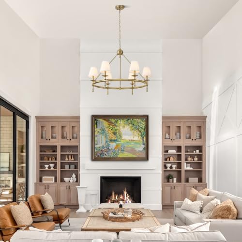Klgxnrd 6-Light Brushed Gold Wagon Wheel Chandelier with White Fabric Shade | Diameter 34", 5-Layer Electroplated Metal, Height Adjustable 29" To 106"