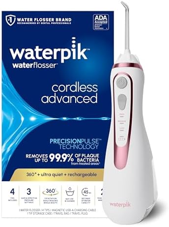 Waterpik Cordless Advanced Portable Water Flosser, Rechargeable, Black | 3 Settings, 4 Tips, Travel Bag, for Gums, Teeth, Dental Braces, Implants, Shower Use ADA Accepted WP-582 Packaging May Vary
