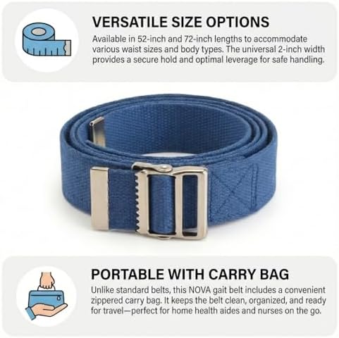 NOVA Medical Gait Belt 72” – Metal Buckle Transfer Belt for Patient Mobility, Striped Cotton, Adjustable Walking Assist for Elderly, Caregivers & Nurses – Durable, Washable, Portable with Bag
