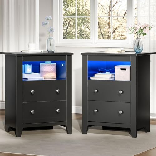 Black Nightstand with Gun Drawer, Night Stand with Charging Station & LED Lights, Bedside Table with Tray & 2 Drawers, End Side Table with Hidden Compartment for Valuables Storage