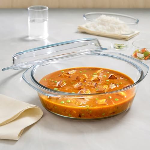 Borosil Glass Casserole - Oven and Microwave Safe Serving Bowl with Glass Lid, 2.5L