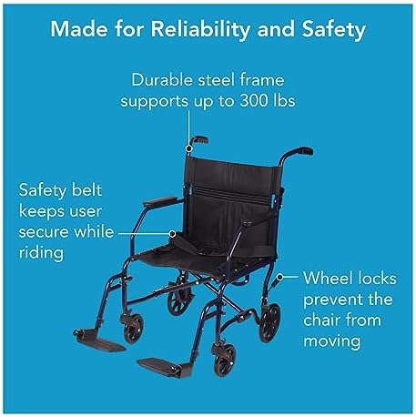 Carex Transport Wheelchair With 19 inch Seat, Folding Transport Chair with Foot Rests, Foldable Lightweight Wheelchair Foldable for Storage and Travel