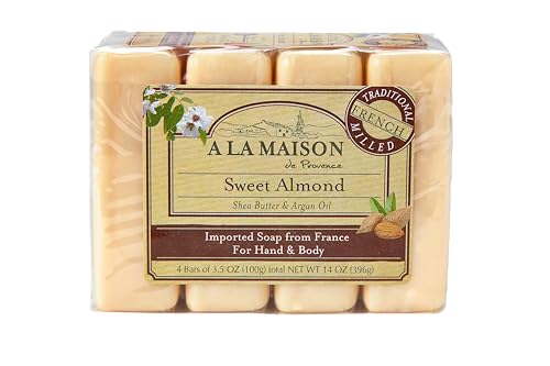 A LA MAISON Sweet Almond Bar Soap - Triple French Milled Natural Moisturizing Hand Soap Bar (4 Bars of Soap, 3.5 oz)