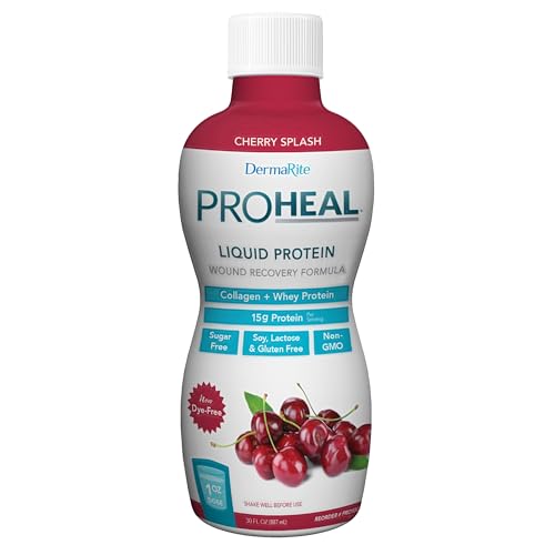 DermaRite ProHeal Protein Supplement, Cherry Splash Flavor, 30 oz, 1 ct | Liquid Protein Wound Recovery Formula, 15g of Collagen and Whey Protein