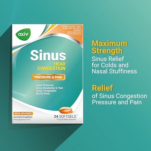 AXIV Sinus Head Congestion Relief, Non-Drowsy, Maximum Strength for Sinus Pressure, Headache, Pain & Stuffy Nose, 24 Softgels