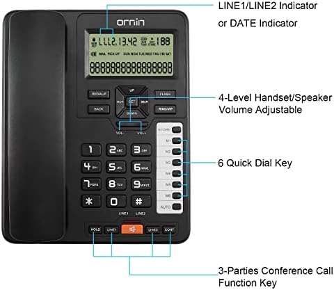 Ornin 2-Line Corded Telephone Systems for Small Business and House, Desk Phone Only (Black)