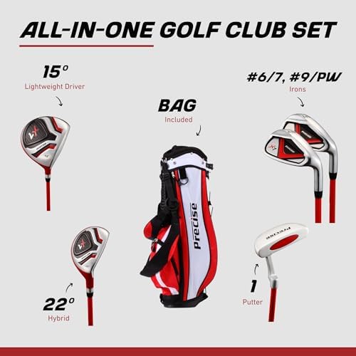 Precise - Kids Golf Club Set | Lightweight graphite shafts, hybrid & irons, putter, stand bag included, for boys and girls, ages 3-12, left/right hand