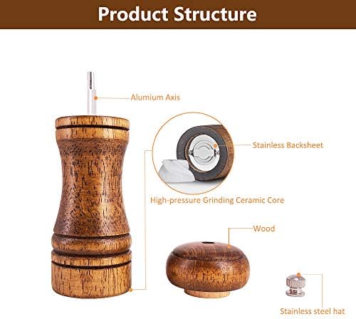 Salt and Pepper Grinders Set,Ouktor Manual Wooden Salt and Pepper Mills Shakers, Ceramic Rotor with Strong Adjustable Coarseness (5.5inch)