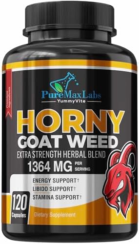 YUMMYVITE Horny Goat Weed Extra Strength Blend, w. Maca, Arginine, Ginseng, Tribulus, Tongkat, Libido, Stamina, Energy Support, Non-GMO Formula
