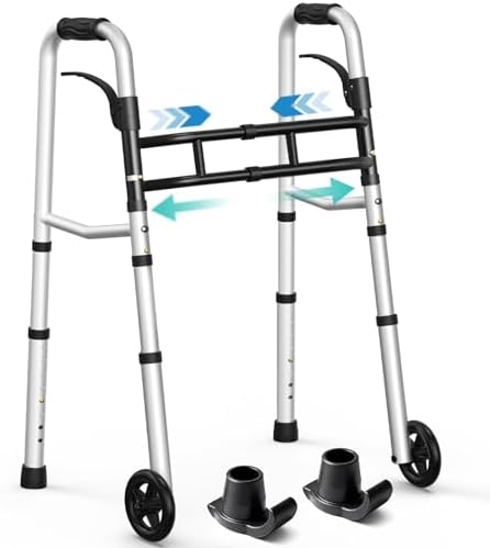 HOMENURSE Folding Walkers for Seniors with Skis, Width & Height Adjustable | Narrow Walker with 5" Wheels for Small Spaces, Aluminum Lightweight Standard Rolling Walker, Supports Up to 300lbs, Silver