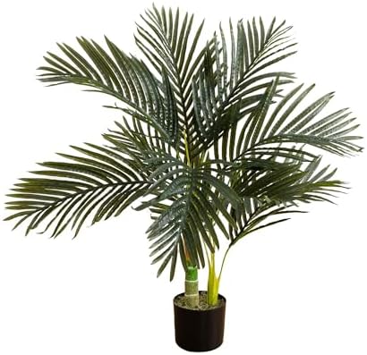 Nearly Natural 4 ft Artificial Golden Cane Palm Tree with Nursery Pot | Double-Stalk, Lush Realistic Foliage, Indoor Faux Palm Plant, Living Room Decor, Perfect Tropical Decoration