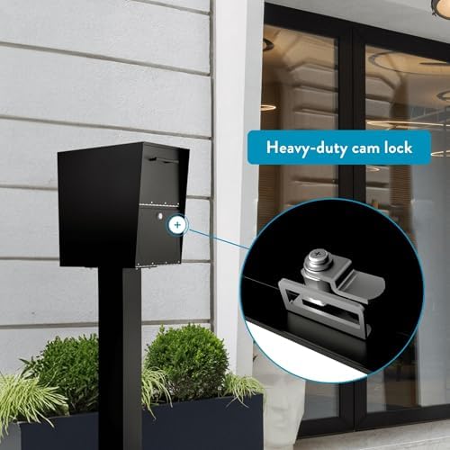 Architectural Mailboxes Oasis Galvanized Steel Package Drop Box, Black, XL | Rust-resistant parcel locker with a secure cam lock, an anti-theft hopper door, and a powder-coat finish.
