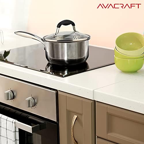 AVACRAFT 2.5 Quart Stainless Steel Saucepan with Glass Strainer Lid | 18/10 Stainless Steel, 5-Ply Capsule Base, Dual Pour Spouts, Induction Compatible, Ergonomic Handle, Dishwasher Safe