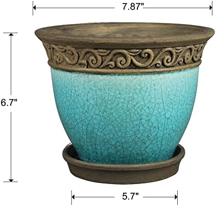 Southern Patio Cadiz 8 Inch Diameter Crackled Glazed Ceramic Indoor Outdoor Garden Planter Pot Urn with Saucer for Flowers, Herbs, and Plants, Teal