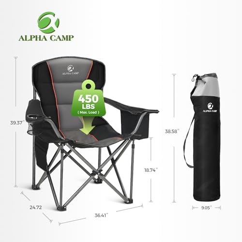 ALPHA CAMP Oversized Fully Padded Camping Chairs with Lumbar Support | Heavy duty 500 LBS, Steel Frame, Sturdy, Durable, Cooler Bag